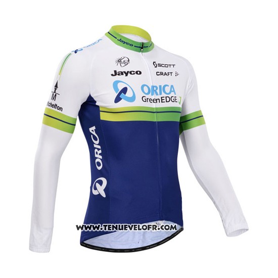 2014 Maillot Ciclismo Orica GreenEDGE Blanc et Bleu Manches Longues et Cuissard